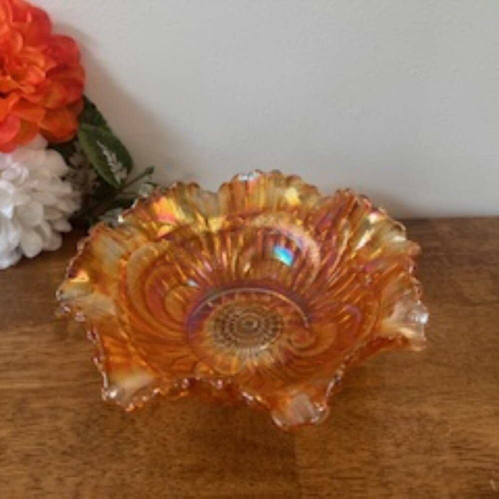 Vintage Imperial Carnival Glass Ruffled‎ Marigold Bowl Iridescent Decorative MCM